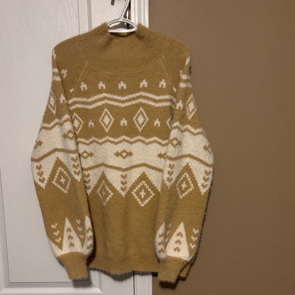 White Birch Women’s Mustard Yellow Knit Sweater Size XL Nordic Pattern, Cozy.